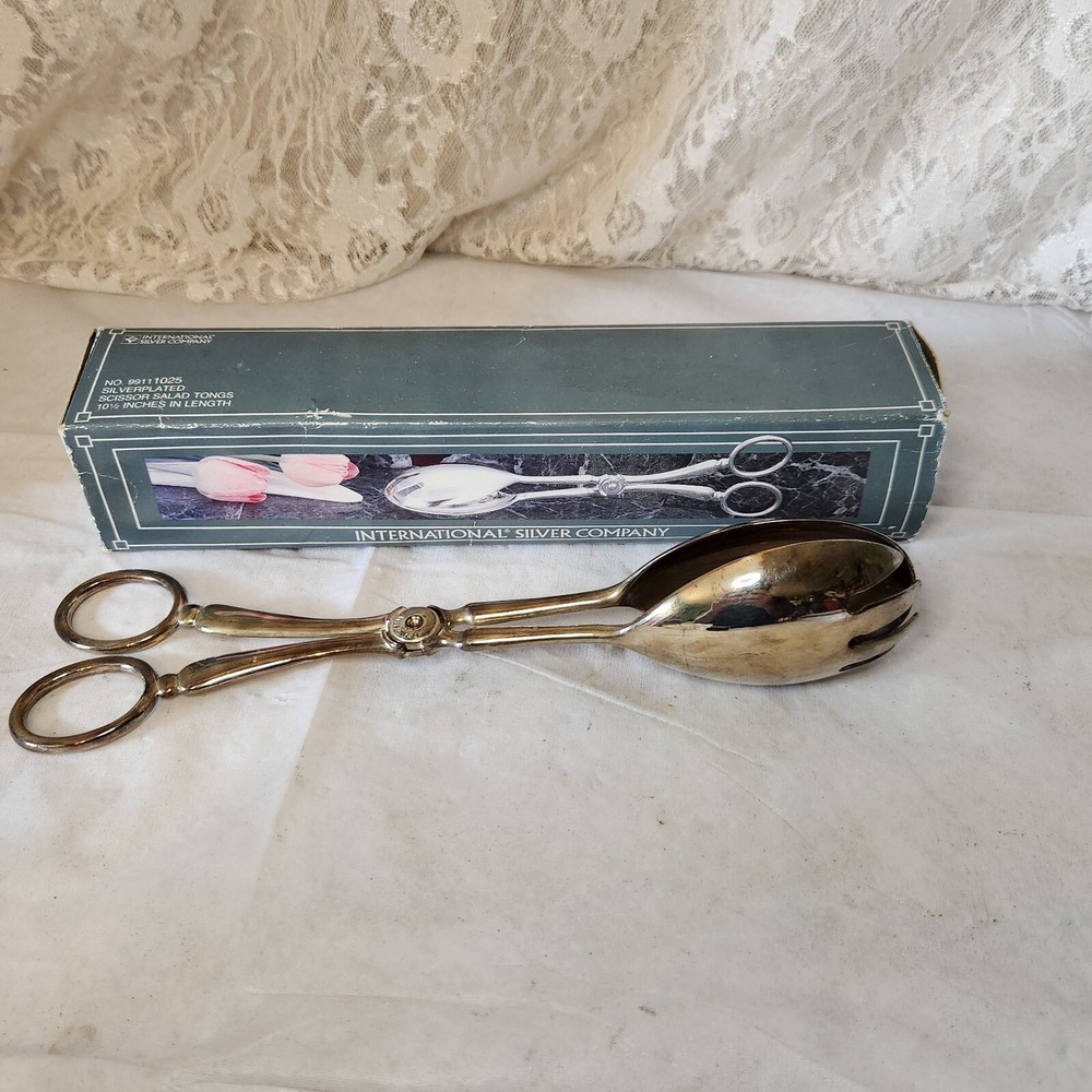 International Silver Company Silver Plated Salad Tongs Scissor Style Box‎ 10.5"